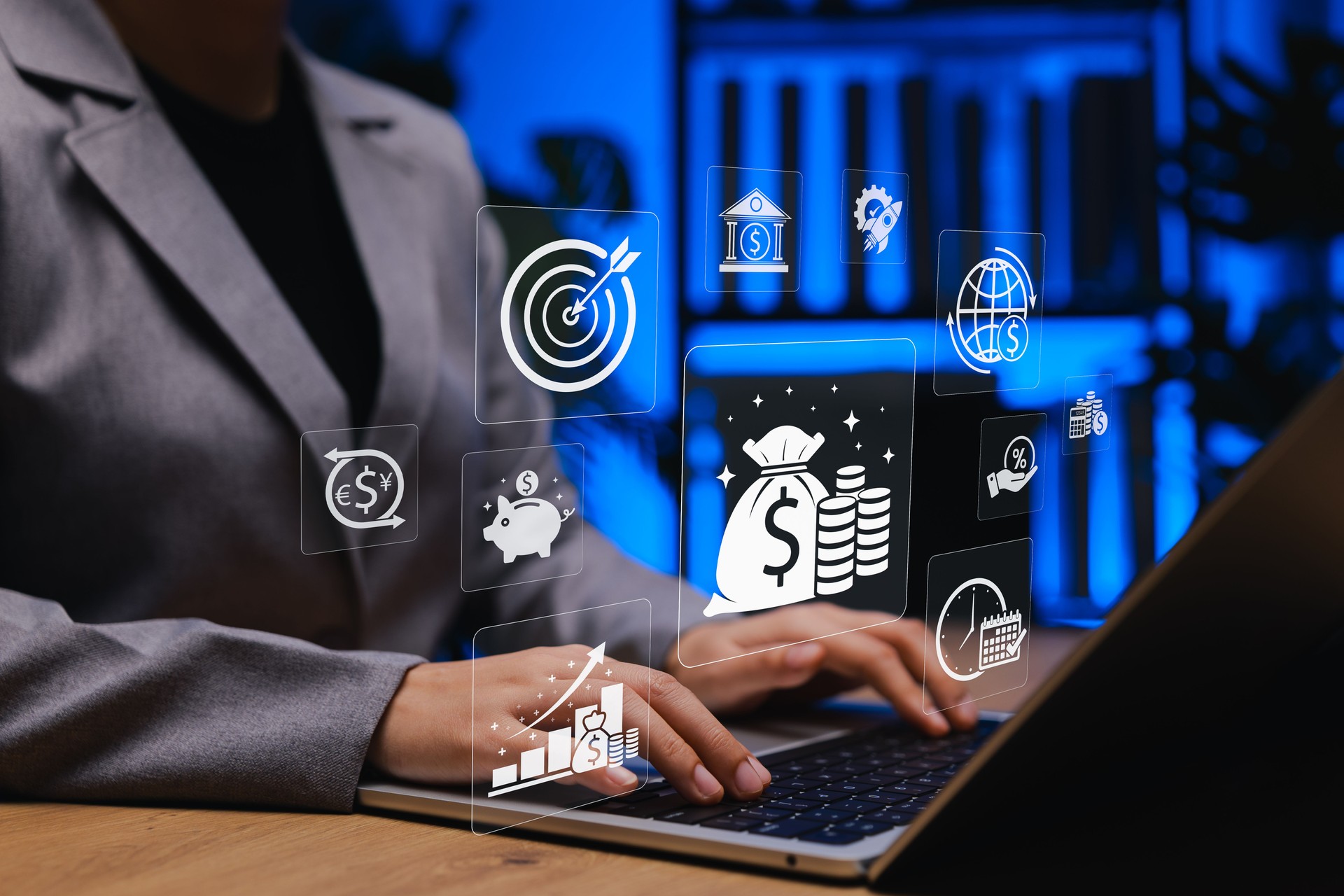 Financial Technology and Money Management Concept. Businesswoman working on laptop with icons representing online banking, digital money, investment growth, savings, transaction, financial technology